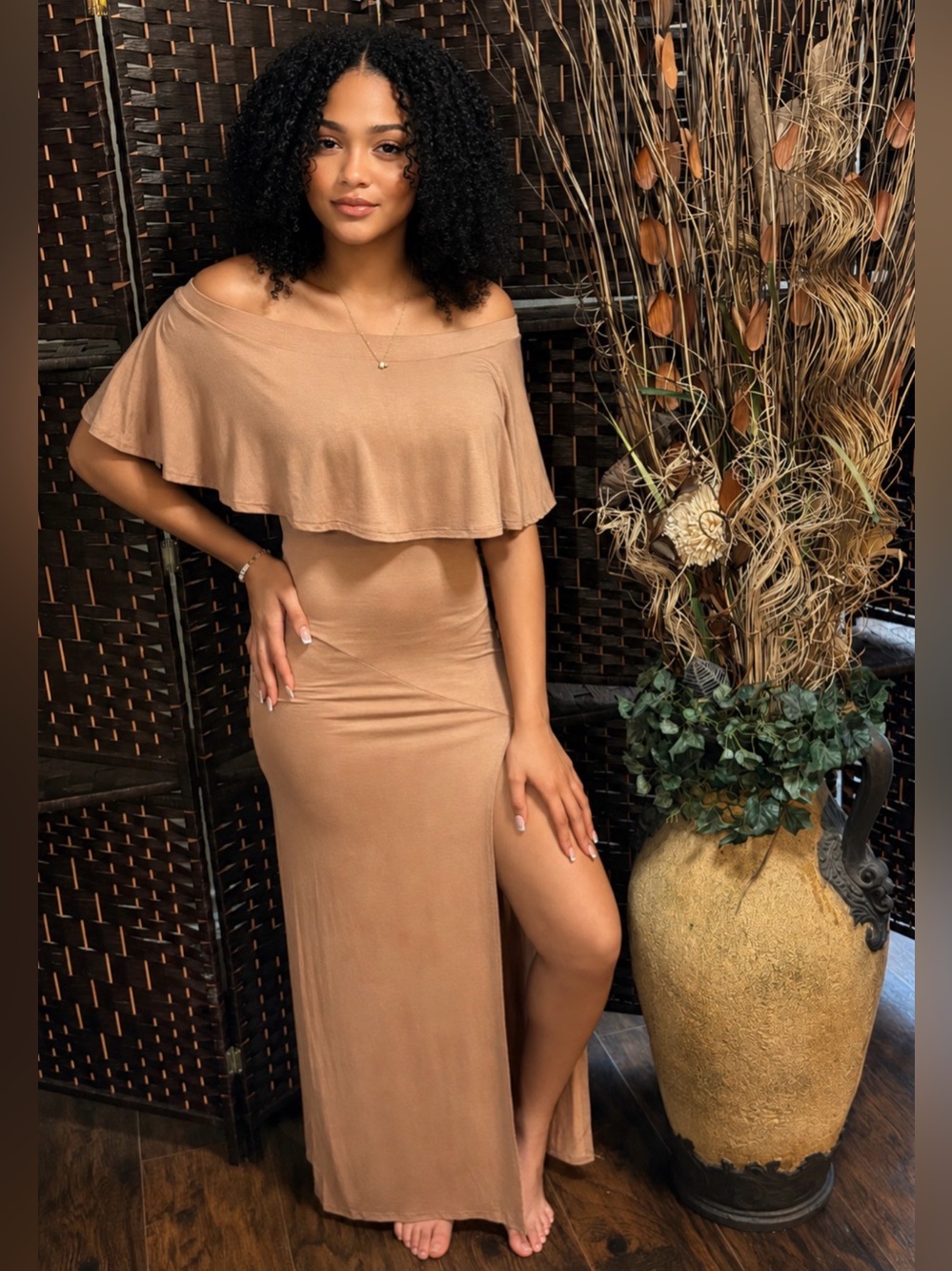Off-Shoulder Maxi Dress in Warm Camel